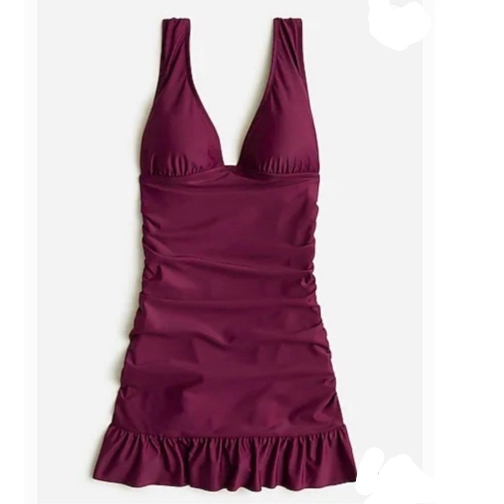 J.Crew Re-Imagined Ruched Ruffle Swim Dress Plum Purple 22 NEW